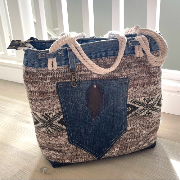 Denim & Knit Sweater-Upcycled Bag | Eco-Friendly, Handmade, One-of-a-Kind - Picture 11 of 16